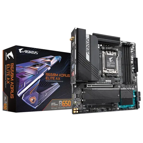 Gigabyte AMD Chipset B650M AORUS ELITE AX DDR5 AMD AM5 Micro-ATX Motherboard Supported CPU: Ryzen 7000 Series Processors for Socket AM5 Supported RAM: 4x DDR5, up to 128GB, 6666(OC